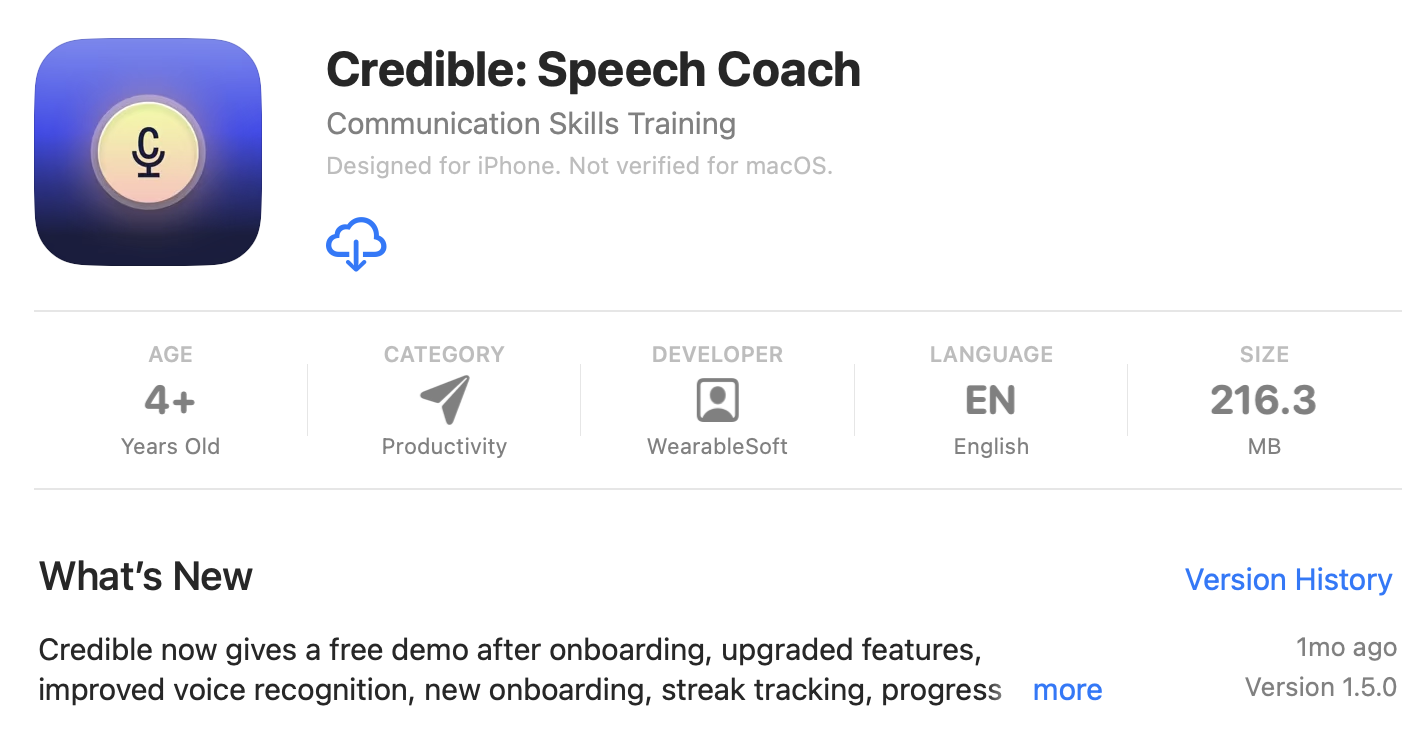 Credible Speech Coach App Eliminate Filler Words on Apple App Store iOS Only